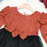 Girls Warm Marina Tulle Frock with Black Net Flare – Autumn & Winter Floral Party Dress